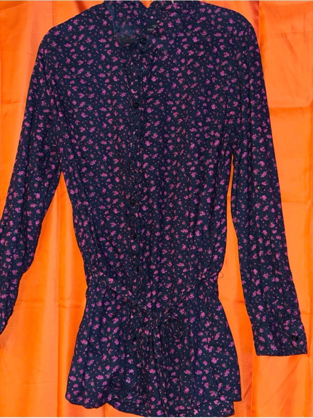 Faded Glory Navy Blouse with Pink Floral Print and belted Waist